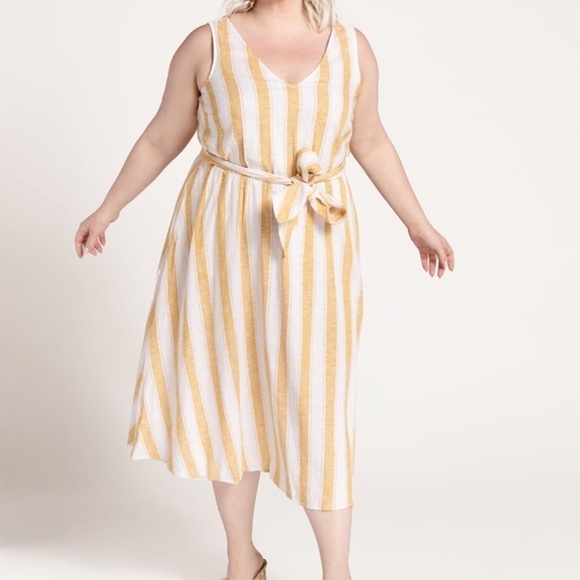 NWT ELOQUII Yellow & Ivory Striped V-Neck Linen Tie Waist Midi Dress, Size 14 - Picture 3 of 7